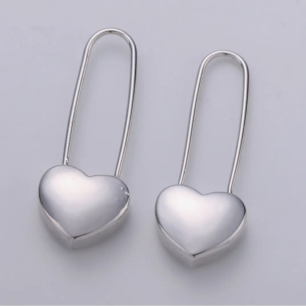 Silver Heart Safety Pin Earrings (7009) - Picture 2 of 2